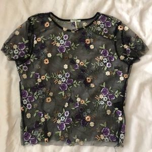 Sheer mesh floral embroidery crop top